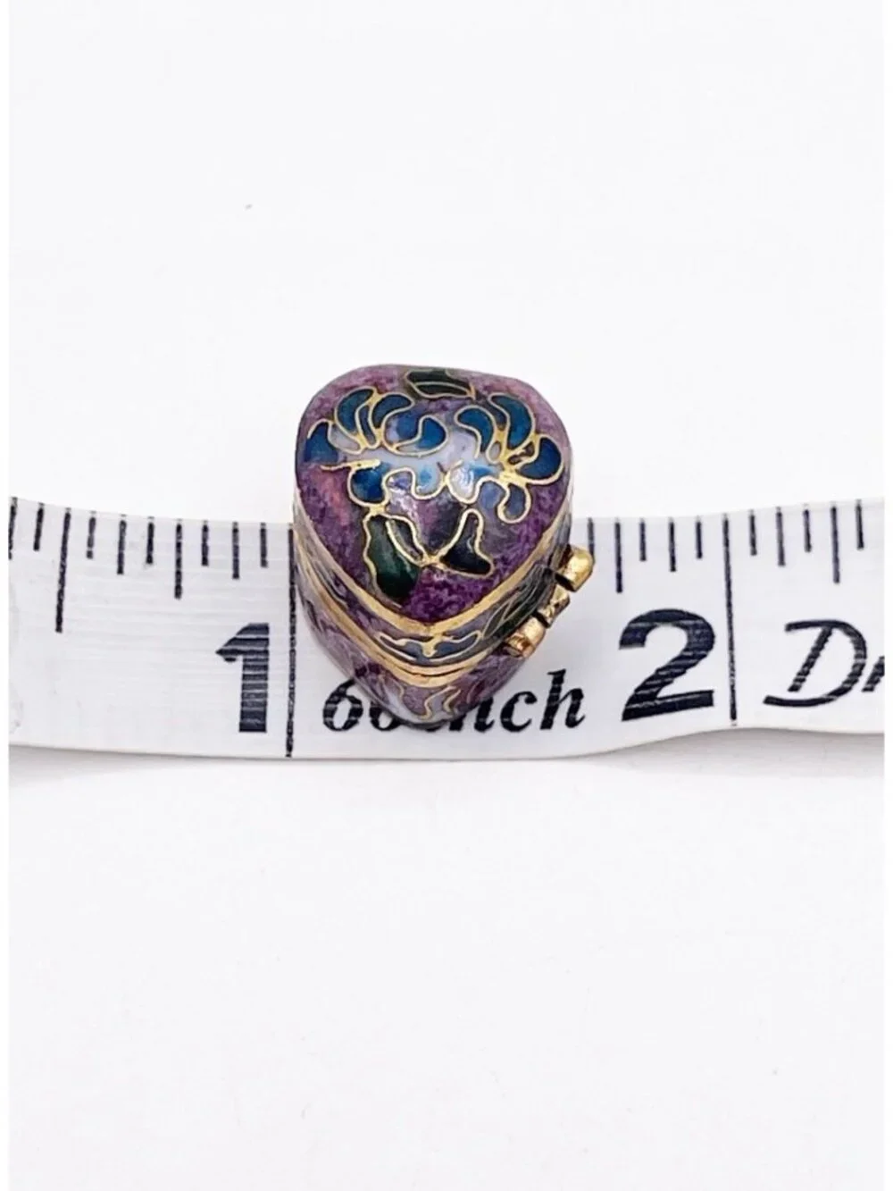 Miniature Cloisonne Enamel Heart Trinket Box Purple Blue Floral Hinged Pill Box